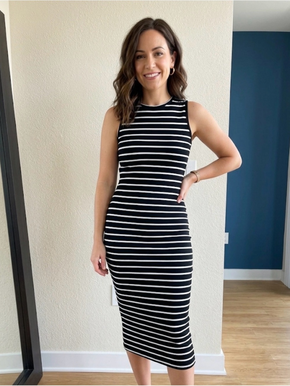 Black and White Striped Fitted Midi Dress | Size M Stretch